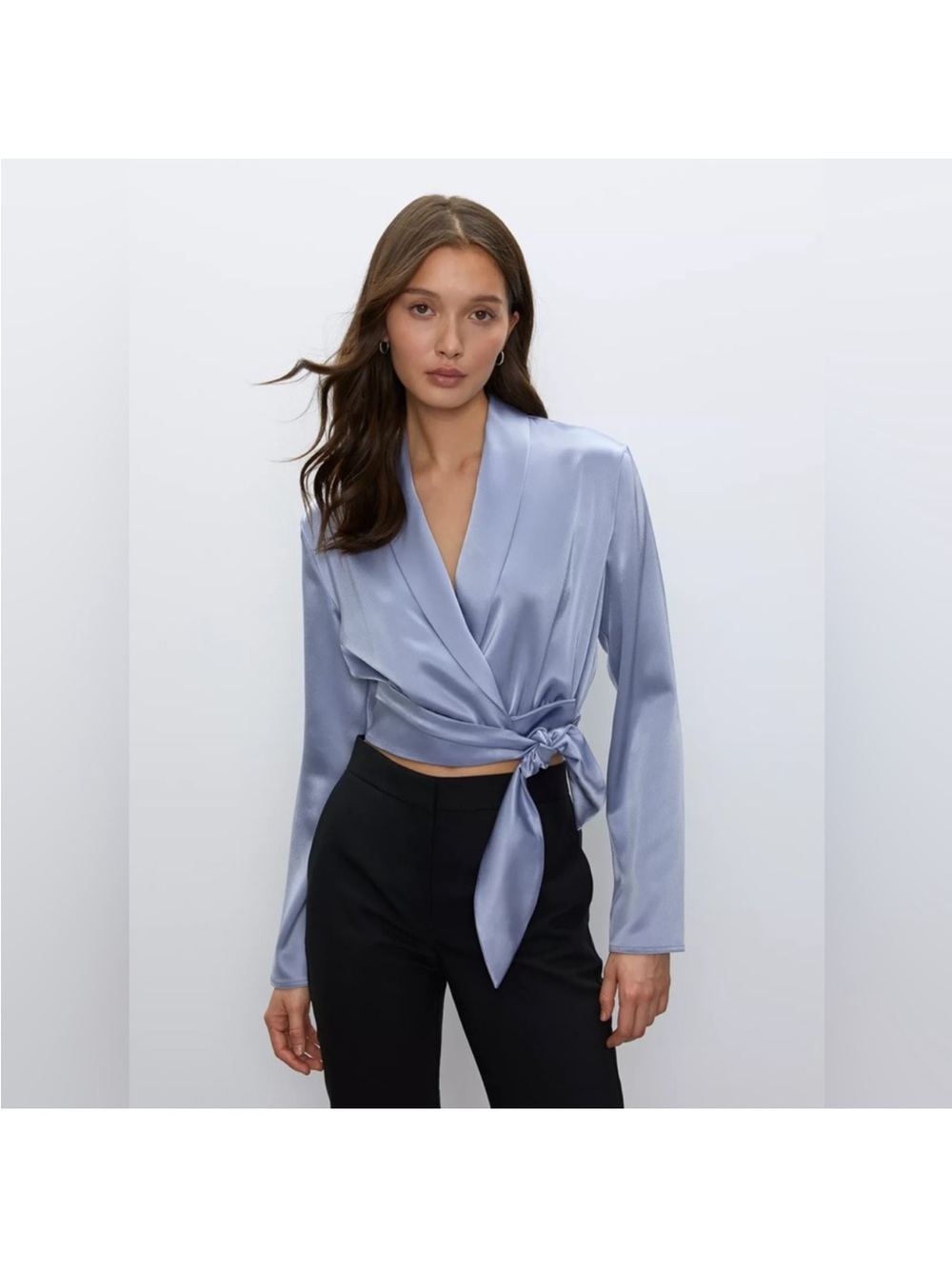 Babaton Davis Satin Wrap Tie Front Top - Light Blue